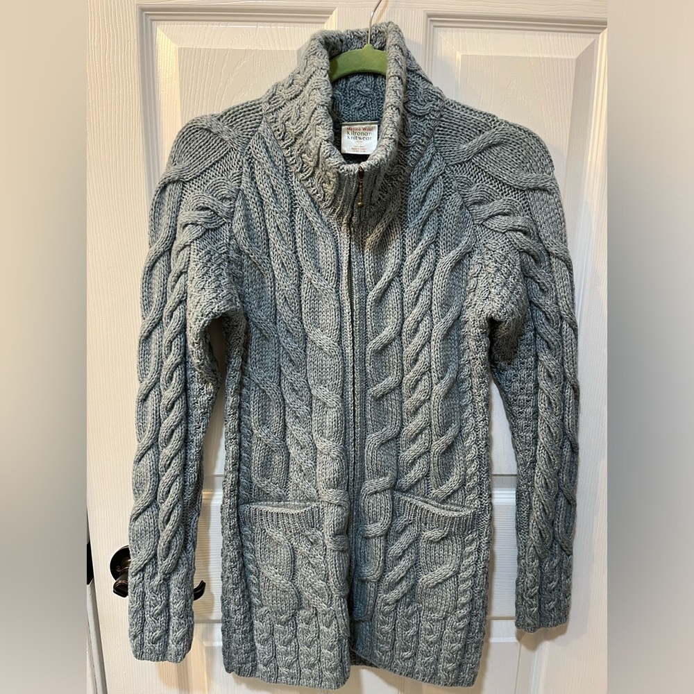 Kilronan Knitwear Ladies Zip Aran Merino Wool Long Cardigan Ireland. Size S Blue